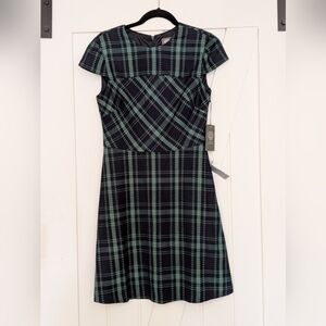 Vince Camuto Black and Mint Plaid Fit-and-Flare Midi Dress